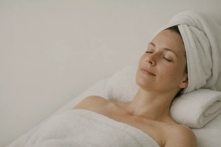 Editorial photograph: a woman resting with her eyes closed, hair wrapped in a white towel, in soft even light