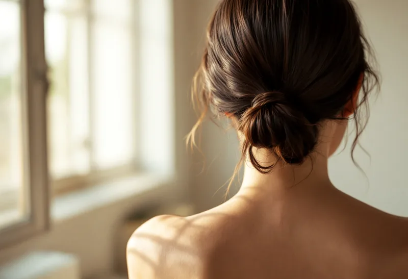 Editorial photograph of the back of a woman's head, hair worn up, in daylight