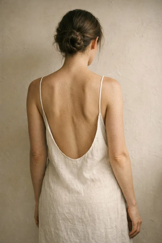 Editorial photograph: a woman's back and shoulders in a bone linen dress, lit from the side