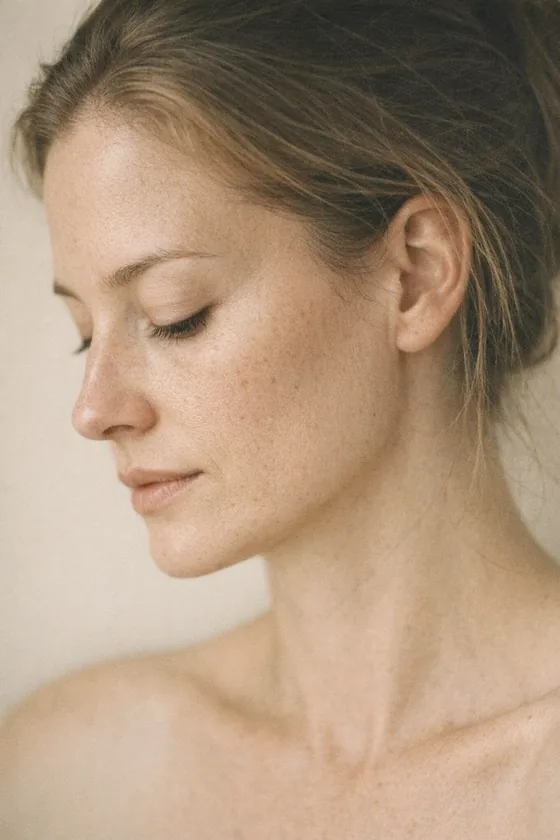 Editorial photograph: a woman in three quarter profile, natural skin with freckles, eyes lowered