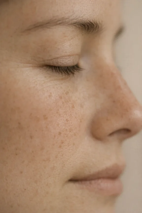 Editorial photograph: close up of a cheek with natural freckles and uneven tone