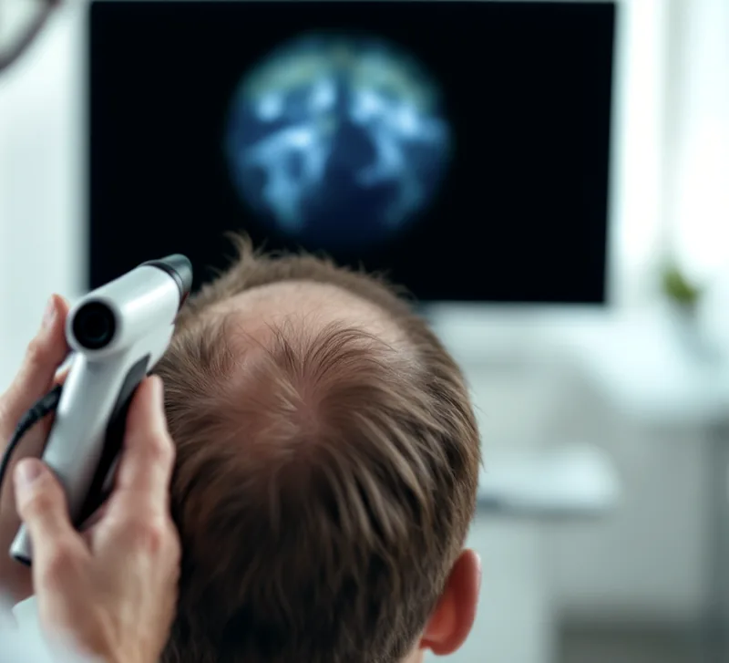 A hair and scalp examination under the microscope at the clinic